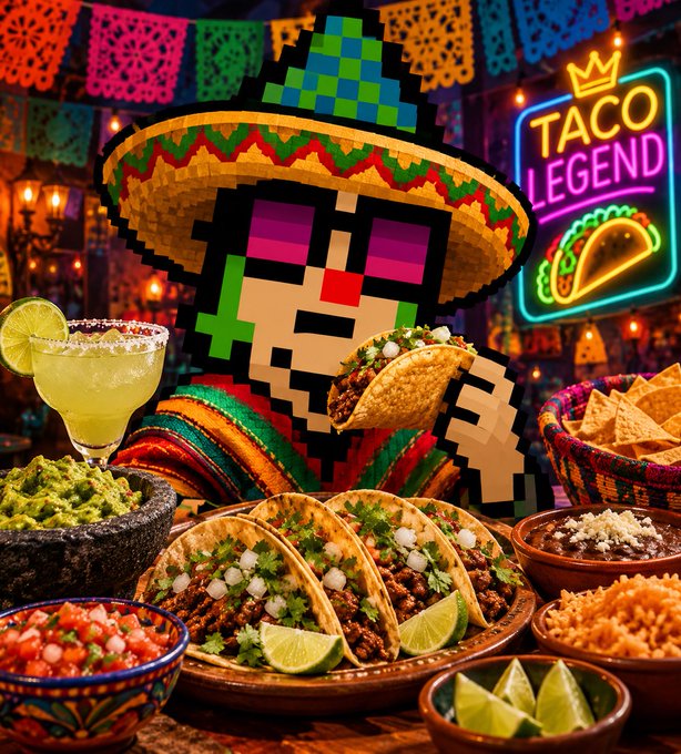 AI-generated scene of a pixel-art character wearing a sombrero holding a taco, surrounded by Mexican food, guacamole, and a 'TACO LEGEND' neon sign.