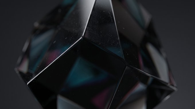 Close-up of a dark, glossy geometric polyhedron with triangular facets showing subtle teal and magenta iridescence on a black surface.