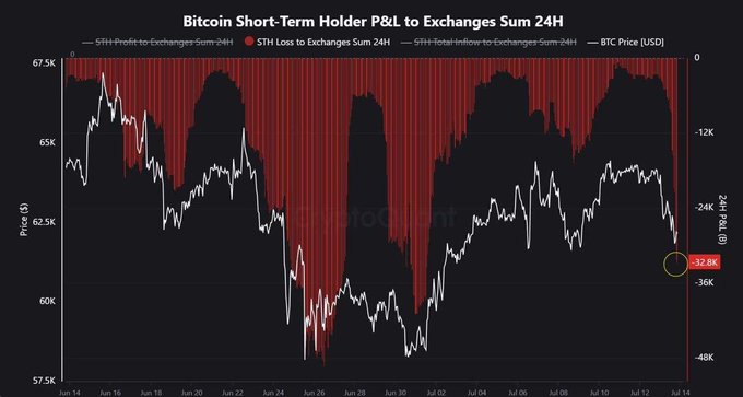 A Bitcoin price chart showing short-term holder realized losses spiking to 32.8K in 24H, with BTC price hovering around $60K—matching the post's observation of short-term holders selling at a loss and rising market fear.

Key elements visible:
- Title: "Bitcoin Short-Term Holder P&L to Exchanges Sum 24H"
- BTC price declining from ~$65K to ~$60K range between Jun 14–Jul 14
- Red bars (STH Loss to Exchanges) dominating, with recent spike highlighted at -32.8K