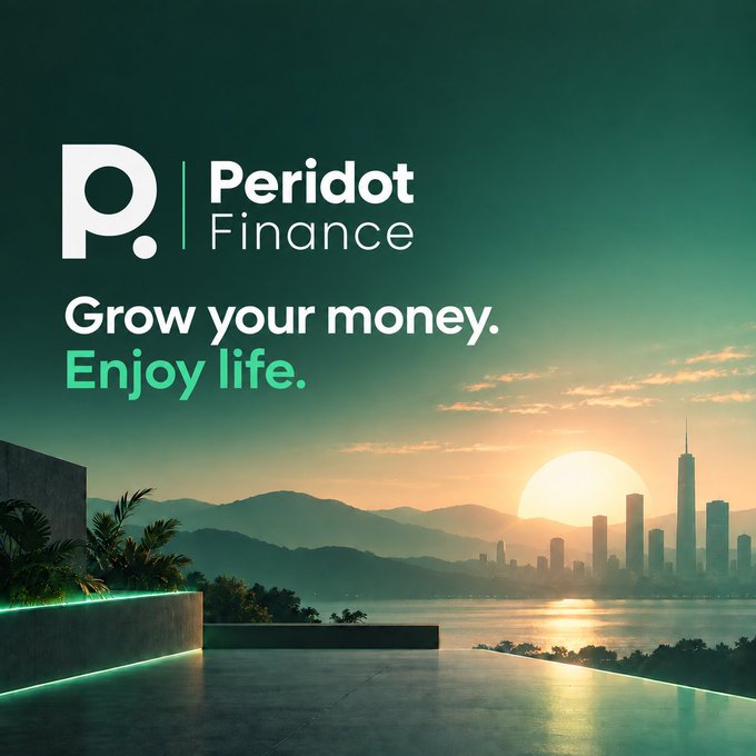 A promotional graphic for 'Peridot Finance' with the tagline 'Grow your money. Enjoy life.' against a green-toned sunset cityscape with a pool in the foreground.