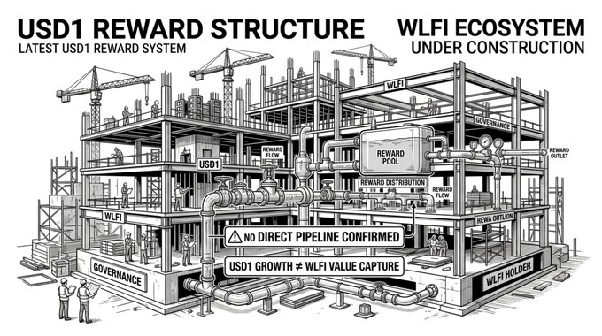 A black-and-white infographic titled 'USD1 REWARD STRUCTURE' and 'WLFI ECOSYSTEM UNDER CONSTRUCTION', displaying a building blueprint with labeled sections for governance, reward pools, and pipelines, noting 'NO DIRECT PIPELINE CONFIRMED'.