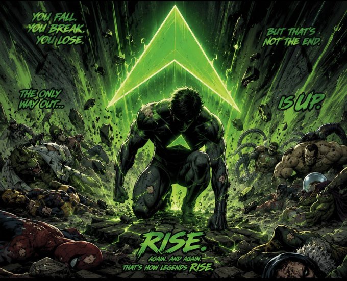 The image depicts a superhero in green, surrounded by defeated iconic characters like Spider-Man and Hulk, with the text "RISE. AGAIN. AND AGAIN. THAT'S HOW LEGENDS RISE." This visually aligns with the stock ticker $RISE, suggesting a triumphant comeback.