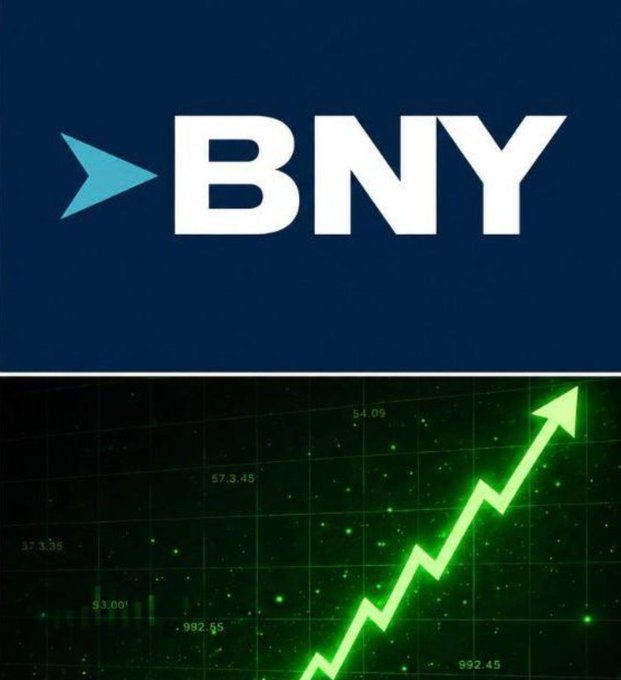 A graphic featuring the white 'BNY' logo on a dark blue background above a green upward-trending stock chart with an arrow, indicating financial growth.