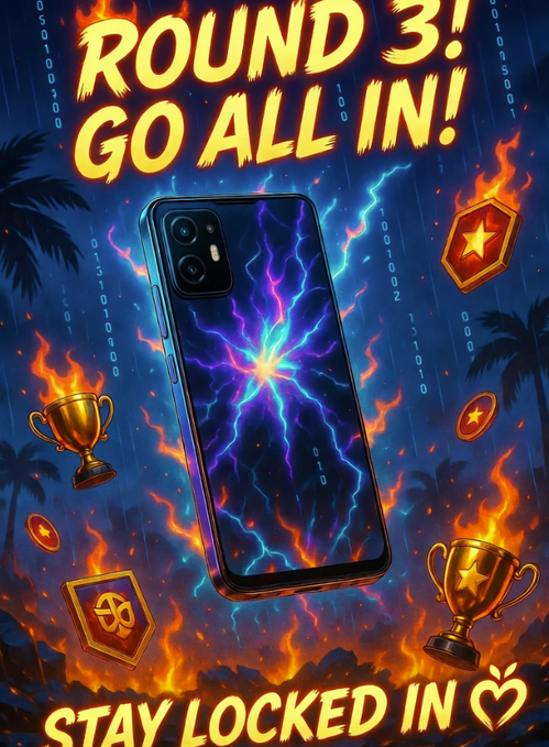 A stylized promotional graphic announces "ROUND 3! GO ALL IN!" in bold yellow text, featuring a smartphone with a vibrant electric blue lightning design on its screen, surrounded by flaming trophies, golden star badges, and palm trees, with the phrase "STAY LOCKED IN" displayed at the bottom. The image visually reinforces the post's call to action for the Seeker Summer third round, emphasizing the high-energy "all in" momentum to continue collecting badges.