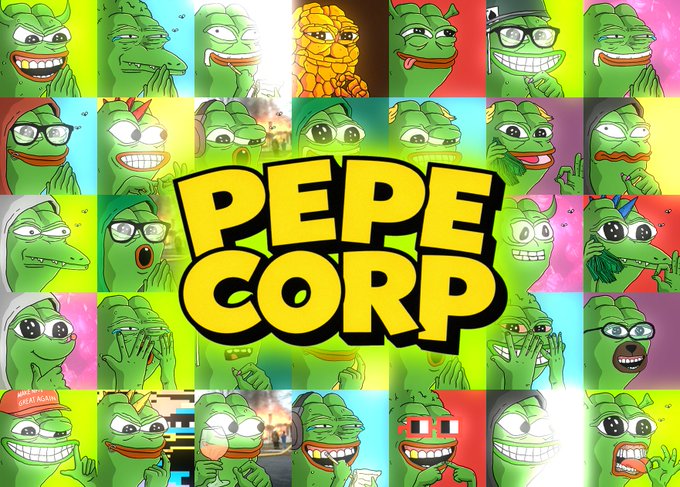 Collage of various Pepe the Frog meme images in colorful squares with bold yellow 'PEPE CORP' text in the center.