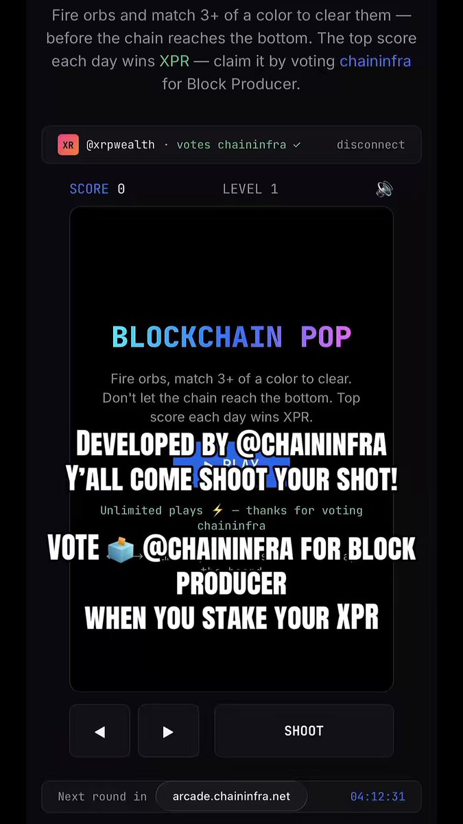 The image shows a phone screen with a message from someone named @chaininfra, who has developed a game called Blockpop. The message includes a link to vote for the game creator or to participate in an arcade challenge. The text on the screen is in black and white, making it easy to read.
