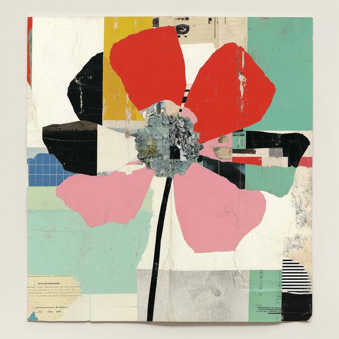 A mixed-media collage artwork featuring a stylized flower with bold red, pink, black, and teal petals around a textured grey center, accented with torn paper fragments and small printed text snippets like "TVJ—" and "2.5 tan." The piece embodies the collection's theme of fragmentation, with layered materials symbolizing memories and moments captured and reassembled into a unified whole.