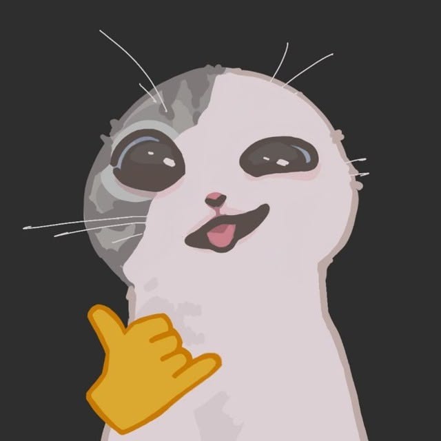 An illustration of a cute, cartoon-style grey and white cat with large, expressive dark eyes and a yellow, cartoonish hand pointing upwards against a solid dark grey background.