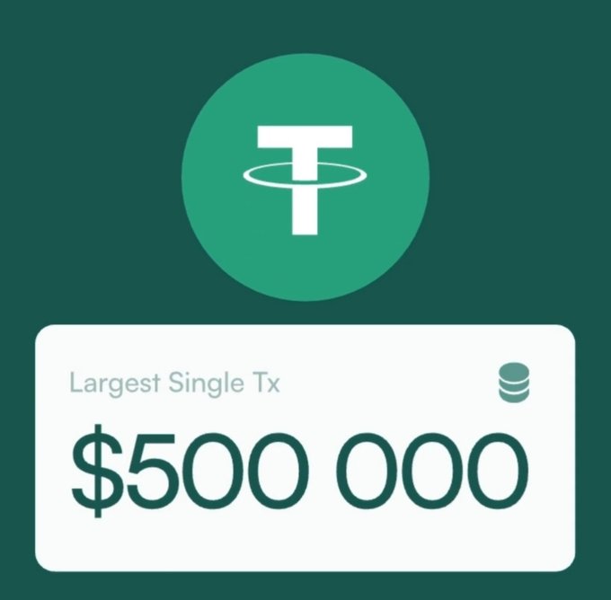 Tether (USDT) logo with text indicating the 'Largest Single Tx' is '$500 000'.