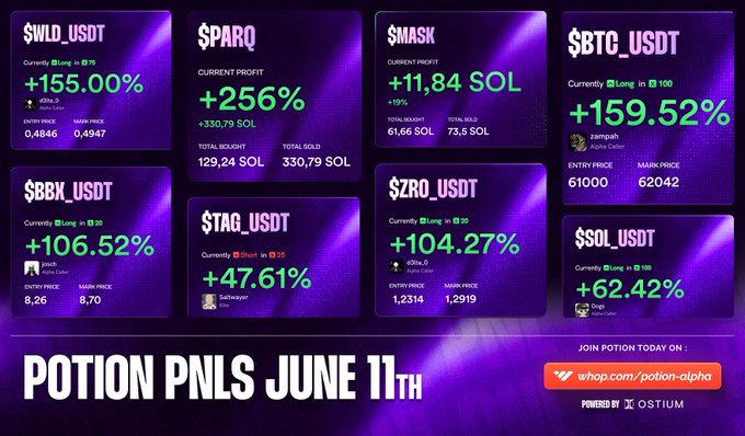 The image features a post from PotionPNLS, an investment platform called PNL, with six different cryptocurrency price charts displayed against purple backgrounds. The chart titles include Bitcoin, USDT, and EOS among others. The posts indicate that members are currently taking advantage of certain cryptocurrencies by investing in them. There's also a meme related to the post, which includes a cat image and text discussing the current market conditions for the listed cryptocurrencies.