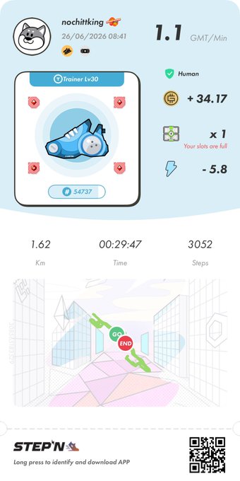 A STEPN app screenshot showing a completed "Trainer Lv30" run with 1.62 km in 29:47, earning +34.17 GMT, alongside Japanese text about departing for the Saroma Lake Ultra marathon after rainy weather delayed trains. The fitness tracking image complements the post's travel narrative, showcasing the user's physical activity as they make their way to the airport for the ultramarathon event.