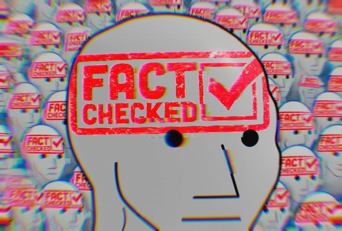 An illustration showing a face with a 'FACT CHECKED' stamp across its forehead, surrounded by a crowd of similar faces also stamped with the red 'FACT CHECKED' mark.