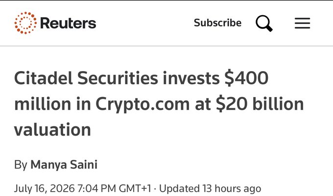 This Reuters headline announces that Citadel Securities is investing $400 million in Crypto.com at a $20 billion valuation, aligning with the post's theme of significant investments by major firms in the growing crypto market.