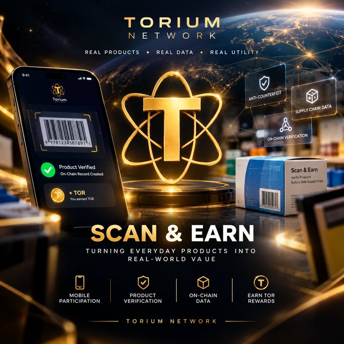 A promotional graphic for 'TORIUM NETWORK' advertising 'SCAN & EARN', turning everyday products into real-world value, highlighting features like 'MOBILE PARTICIPATION', 'PRODUCT VERIFICATION', 'ON-CHAIN DATA', and 'EARN TOR REWARDS'.