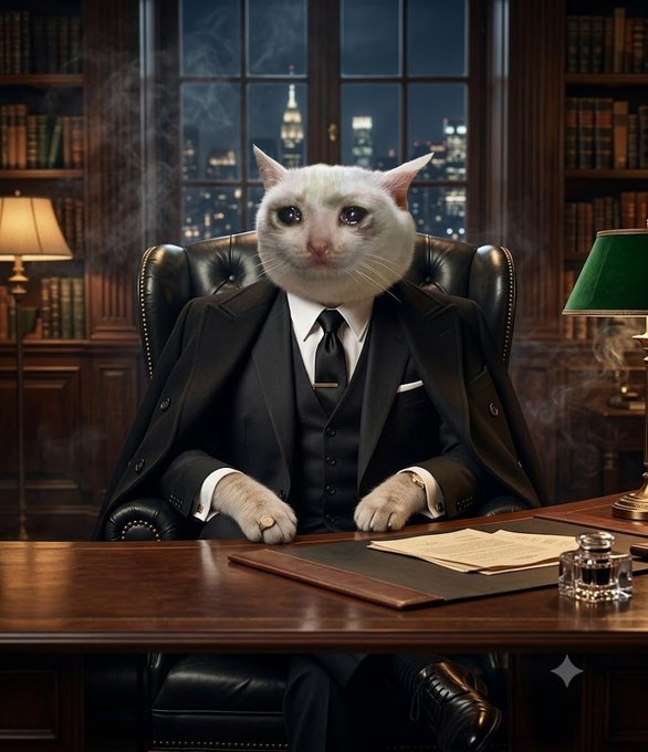 A white cat wearing a black three-piece suit with a tie sits behind a large wooden desk in a dimly lit study, with a nighttime city skyline visible through the window behind it.