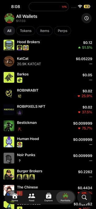 A mobile wallet app screen showing a crypto/NFT portfolio with a total balance of $17.03, listing items like Hood Brokers ($0.12), KatCat ($0.05229), Barkos ($0.05), ROBINRABIT ($0.02), and others, with a 13% battery at 8:08.
