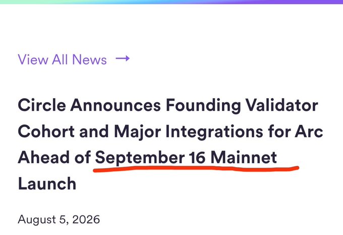 A news headline reading 'Circle Announces Founding Validator Cohort and Major Integrations for Arc Ahead of September 16 Mainnet Launch' dated August 5, 2026, with the launch date underlined in red.
