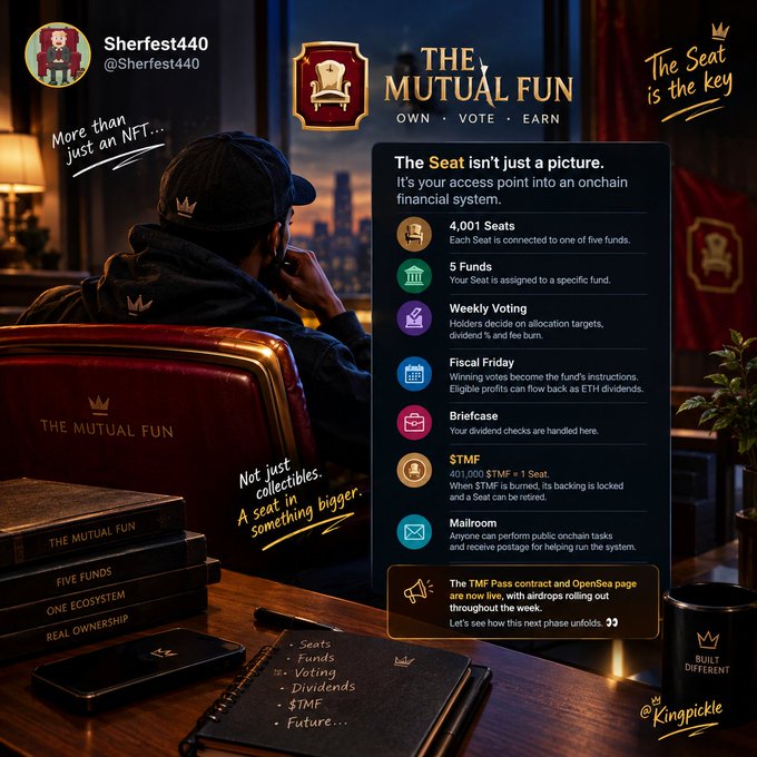 A promotional graphic for 'THE MUTUAL FUND' NFT project featuring a man in a black cap and hoodie, listing features like 4,001 Seats, 5 Funds, Weekly Voting, and $TMF.