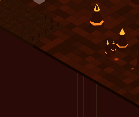A dark isometric digital illustration showing glowing orange lava or fire elements on a checkered surface against a deep red background.