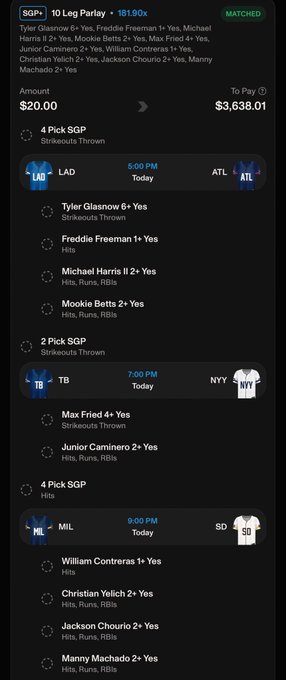 A mobile screenshot of a Novig betting app displays an MLB parlay of 10 legs paying $3,638.01 on a $20 entry, featuring props like Tyler Glasnow, Freddie Freeman, Michael Harris II, Mookie Betts, Max Fried, Junior Caminero, William Contreras, Christian Yelich, Jackson Chourio, and Manny Machado.