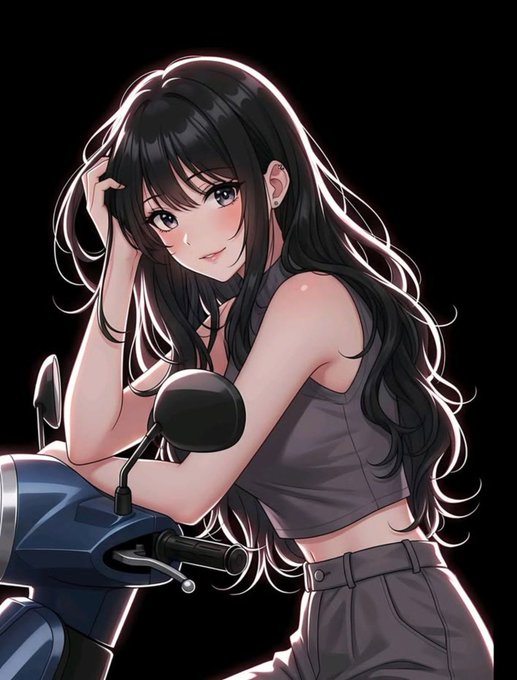 An anime-style illustration of a black-haired woman with blue eyes wearing a dark crop top and pants, posing with a motorcycle/scooter against a black background.