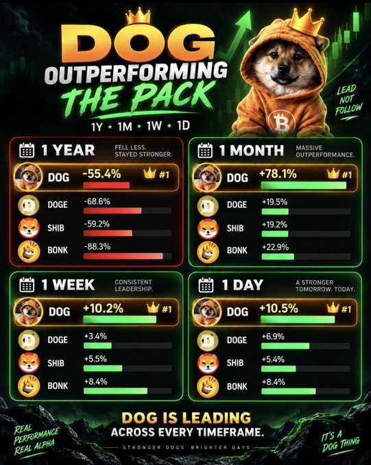 An infographic titled 'DOG OUTPERFORMING THE PACK' features a dog mascot wearing a Bitcoin hoodie and crown, displaying performance statistics for DOG, DOGE, SHIB, and BONK across 1 Year, 1 Month, 1 Week, and 1 Day timeframes, with text 'DOG IS LEADING ACROSS EVERY TIMEFRAME.'