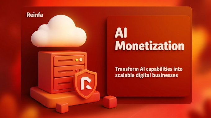 A bold red promotional graphic for "Reinfa" features a 3D illustration of a cloud connected to a server with a shield icon, alongside the headline "AI Monetization" and the tagline "Transform AI capabilities into scalable digital businesses"—visually reinforcing the message of turning AI into revenue through secure, automated infrastructure.