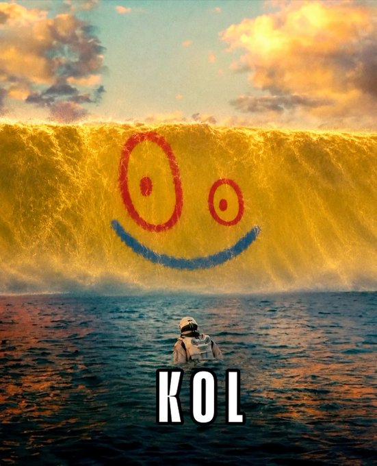 An image showing an astronaut facing a massive wave with a red smiley face drawn on it, with the word 'KOL' displayed at the bottom.