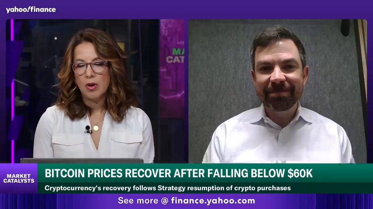 "The conversation between two people is set against an advertisement for Bitcoin prices that recover after falling below $550.00."