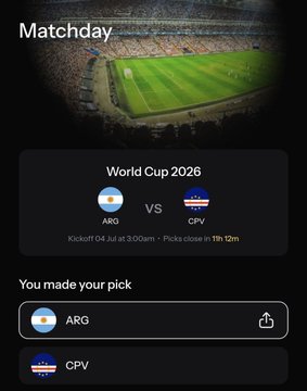 A 'Matchday' app screen showing World Cup 2026 match between ARG vs CPV, kicking off 04 Jul at 9:00am, with the user having picked ARG.