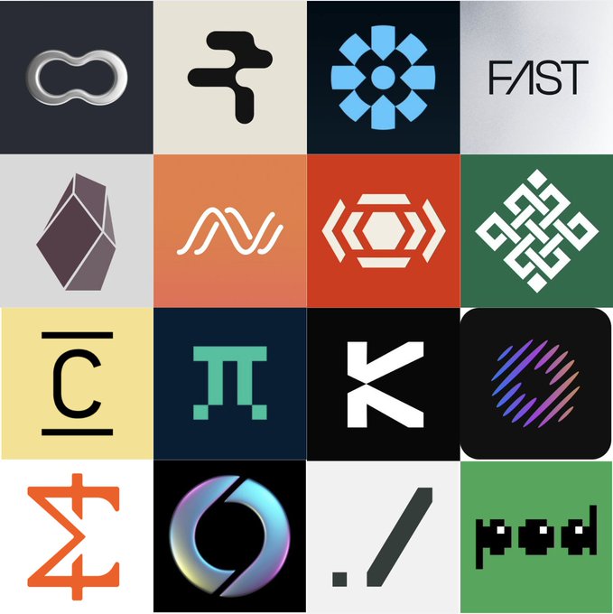 A grid displaying sixteen square icons or logos with various abstract designs, symbols (like an infinity sign, a tilde, a pi symbol), and letters (like FAST, K, C) on different colored backgrounds.