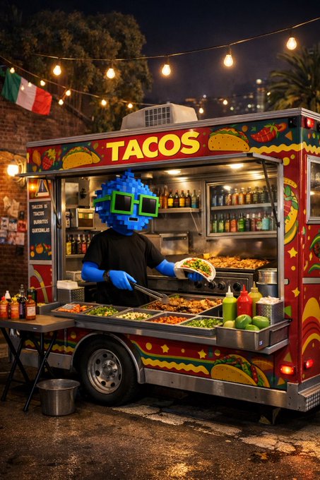 A vibrant nighttime scene of a 'TACOS' food truck decorated with colorful artwork, where a blue mascot character with green sunglasses prepares tacos under string lights.