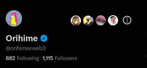 A social media profile for 'Orihime' (@orihimexweb3) shows a verified account with 882 Following, 1,115 Followers, and a penguin avatar.