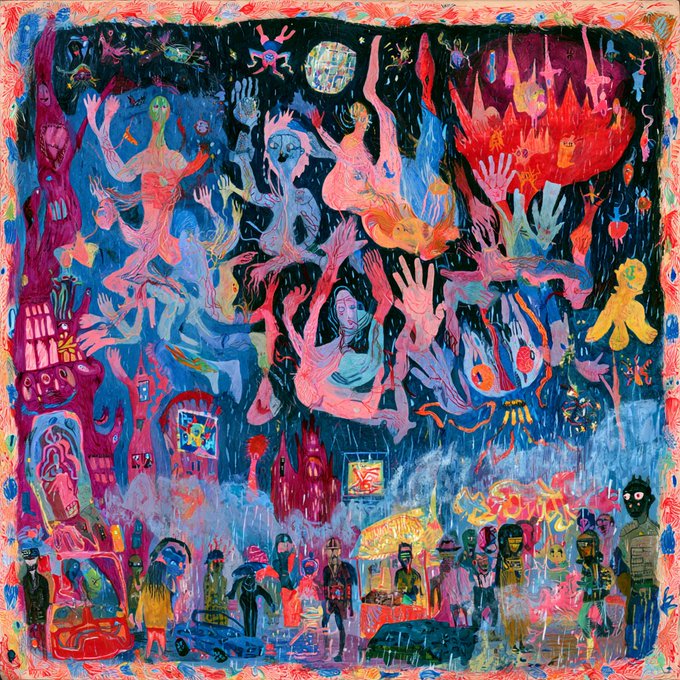 A vibrant, surreal painting depicting an apocalyptic scene with dancing humanoid figures, flames, a disco ball, and crowds of people gathered below amid chaotic imagery.