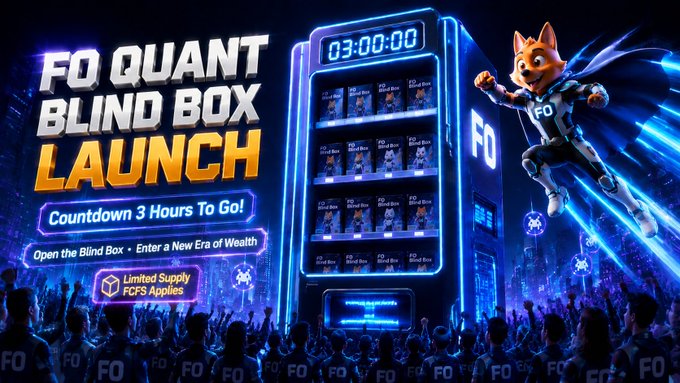 A promotional graphic for 'FQ QUANT BLIND BOX LAUNCH' with a 3-hour countdown timer, showing a futuristic vending machine display and a cartoon fox character in a flying pose, with text mentioning 'Limited Supply FCFS Applies' and 'Open the Blind Box - Enter a New Era of Wealth'.