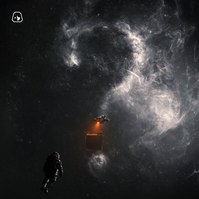 An astronaut floats in space tethered to a small spacecraft against a swirling cosmic backdrop, with a glowing monitor displaying "dDarkex..." linking the visual of solitary, measured travel to Darkex's message about staying grounded amid accelerating markets.

The image ties into the post by portraying discipline and composure as core themes for traders, with the lone astronaut as a metaphor for the calm, focused mindset needed to navigate volatile markets.

Key text: "dDarkex..."