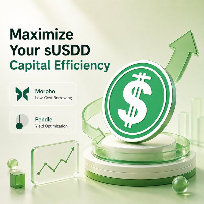A green promotional graphic titled 'Maximize Your sUSDD Capital Efficiency' featuring Morpho (Low-Cost Borrowing) and Pendle (Yield Optimization), with a dollar coin and upward arrow.