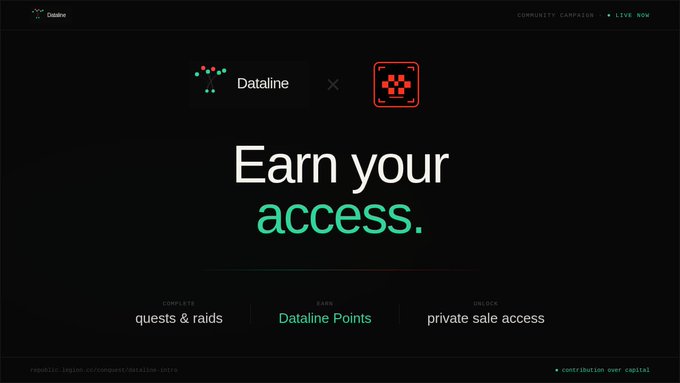 The image is a dark-themed promotional banner featuring the Dataline and Republic logos side-by-side, with the headline "Earn your access." and the subtext "Complete quests & raids, earn Dataline Points, unlock private sale access," directing viewers to republic.legion.cc/conquest/dataline to participate in the limited-time Onboarding Conquest mentioned in the post.