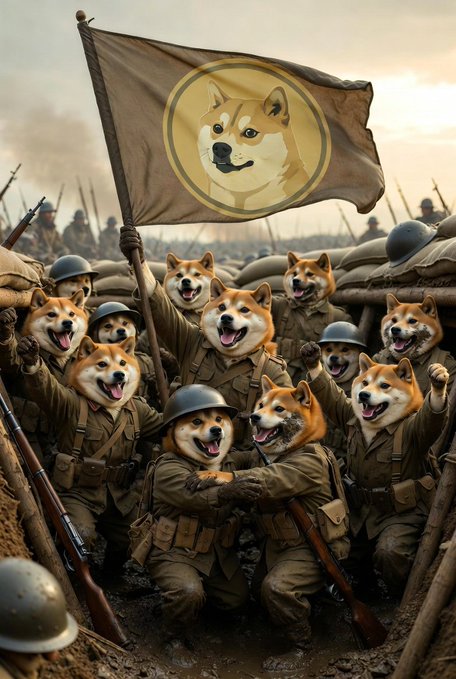 An AI-generated image of Shiba Inu dogs dressed as World War I soldiers in a trench, holding a flag with the Dogecoin Shiba Inu logo.