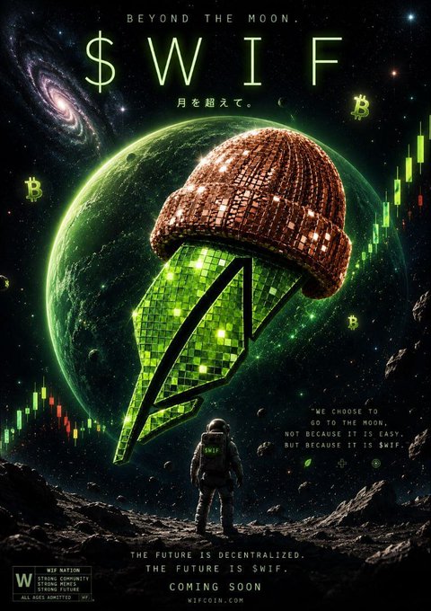A promotional poster for the $WIF memecoin featuring an astronaut on a moon-like surface, a disco ball in the shape of a rocket, and the text "BEYOND THE MOON. $WIF", "THE FUTURE IS DECENTRALIZED. THE FUTURE IS $WIF. COMING SOON", with WIF Nation branding.
