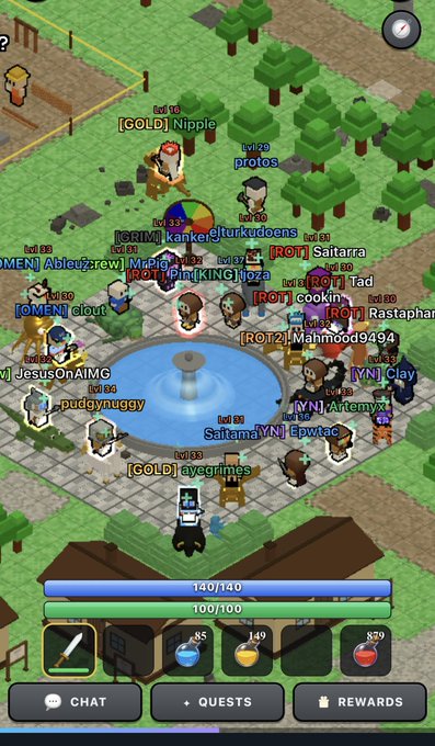 A screenshot from a mobile MMORPG game showing numerous players gathered around a fountain, with usernames like '[GOLD] Nipple', 'protos', '[GRIM] kankelfurkudeons', '[ROT] Sartarra', and others visible above their characters.