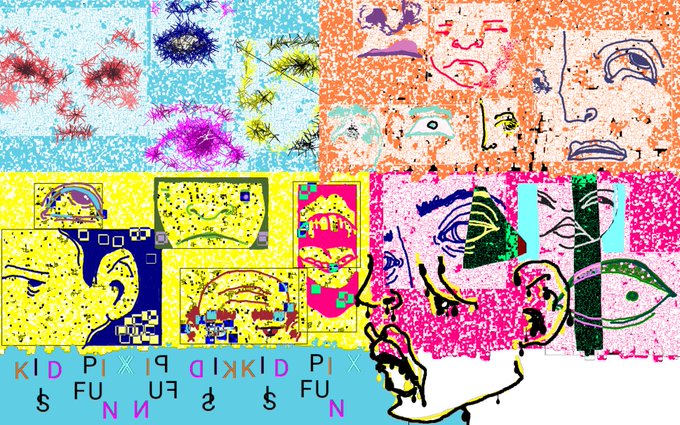 A vibrant, glitchy digital collage with abstract pixelated faces, neon colors, and the repeated text "KID PIX".