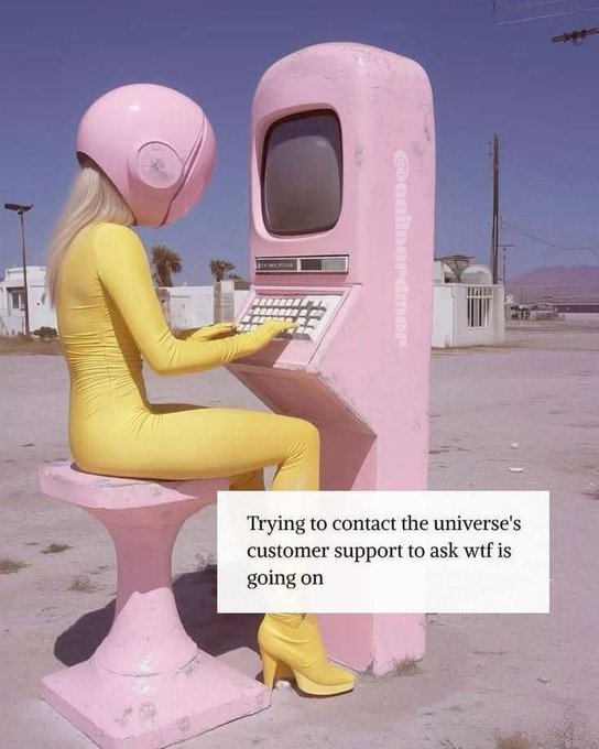 A woman in a yellow bodysuit and pink helmet sits at a pink retro computer in a desert setting, typing on the keyboard, with a caption reading "Trying to contact the universe's customer support to ask wtf is going on." The meme humorously captures the bewildering experience of purchasing a "vrnouns" from flooor.fun, with the surreal imagery and frustrated caption reflecting the user's confusion about the bizarre NFT experience.
