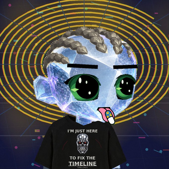 An artistic composition features a person wearing a shirt reading "I'M JUST HERE TO FIX THE TIMELINE TIMELORDS" beneath a stylized crystal/ice head with green eyes and a tongue sticking out, set against a retro grid background.
