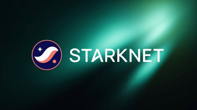 The Starknet logo featuring a stylized wave and star icon appears on a dark teal background.