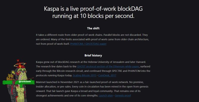 A text slide titled 'Kaspa is a live proof-of-work blockDAG running at 10 blocks per second,' detailing 'The shift' and 'Brief history' of the cryptocurrency, featuring a pixel-art 'GHOSTDAG' graphic.