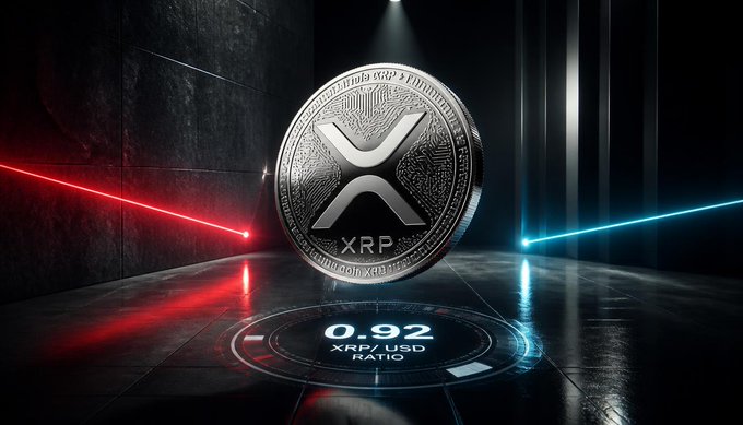 A dark, dramatic 3D rendering of an XRP cryptocurrency coin with a glowing display showing '0.92 XRP/USD RATIO' against red and blue neon laser lights.