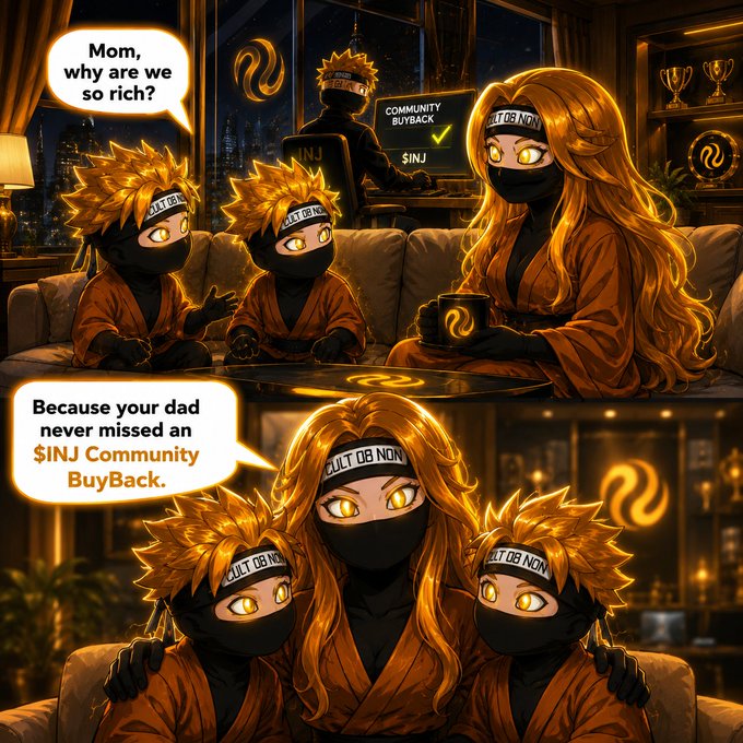 A two-panel anime-style comic featuring masked characters in orange robes with text bubbles: 'Mom, why are we so rich?' and 'Because your dad never missed an $INJ Community BuyBack.'
