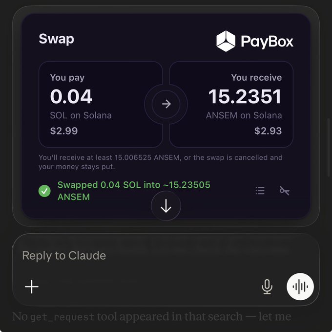 A PayBox cryptocurrency swap interface showing a transaction of 0.04 SOL being exchanged for 15.2351 ANSEM on Solana.
