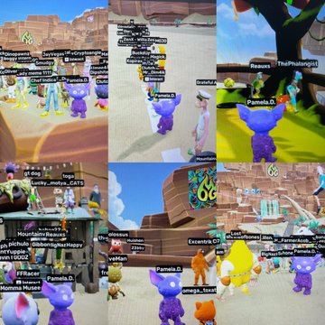 A collage of nine screenshots from a 3D multiplayer game (likely Roblox) shows various player avatars including a purple bear, gathered in different environments with usernames like 'Pamela.D.', 'TheProGamerPL', and 'Ricardo' visible above their heads.